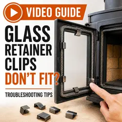 Open fireplace glass door showing interior glass retainer clips with one clip not fitting correctly during troubleshooting.