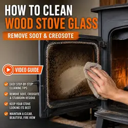 Hand cleaning soot and creosote from the inside of an open wood stove glass door in a video guide.