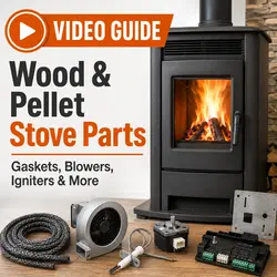 Wood and pellet stove replacement parts video guide showing gaskets, blower, igniter, motor, and control components.