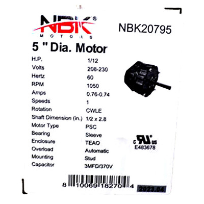 Condenser Motor 20795 specifications compatible with York 024-26067.