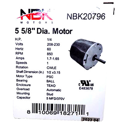 Condenser Motor NBK 20796 Specifications.