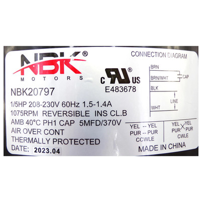 Condenser Motor Specifications for Rheem 512068001 - 20797.