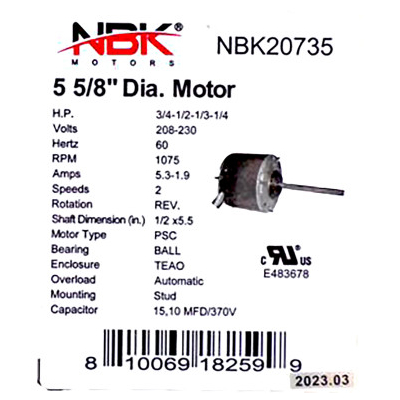 20735 Condenser Motor Specifications for US Motors 5482H.