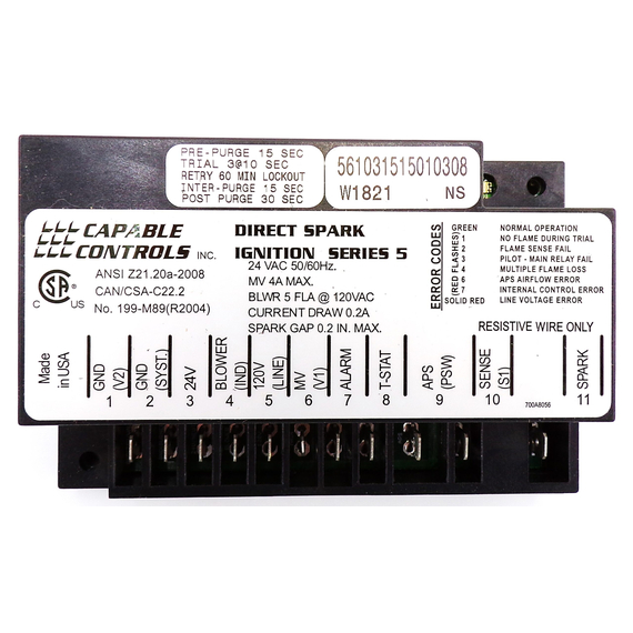 This ignition control is equivalent to Carrier/HM56SERIES308 Heatco Ignition Control 24 VAC - 20262.