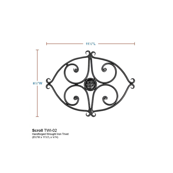 Minuteman Scroll Handforged Wrought Iron Trivet in Black dimension