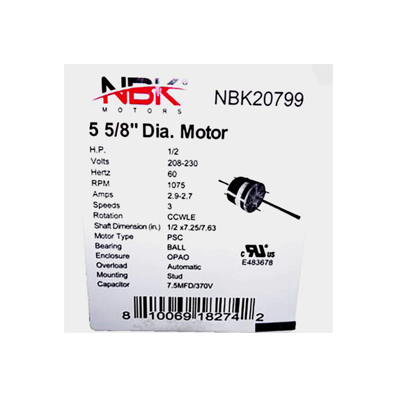 Century/544 Fan Coil Motor 1075 RPM 20799 Specifications