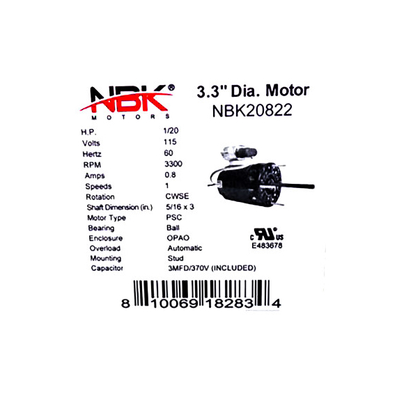 Reznor/RZ214067 Exhaust Vent Inducer Motor 115V 3300 RPM 20822 Specifications