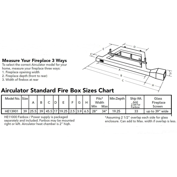 Cascade 39" Airculator Fireplace Heat Exchanger | HE13901+HE11000 Sizing Chart For Airculator HW13901