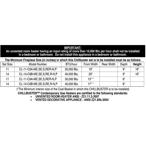 Rasmussen 13 Inch Chillbuster CoalFire Ventless Burner | C9A-ME-N CoalFire Basket Specifications