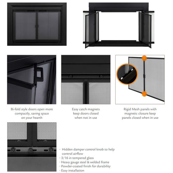 Hearth Craft Essentials 37 1/2" x 30" Flat Black Finish Ardmore Masonry Fireplace Door | Ab1040-B36+B37 Bifold Style Fireplace Doors