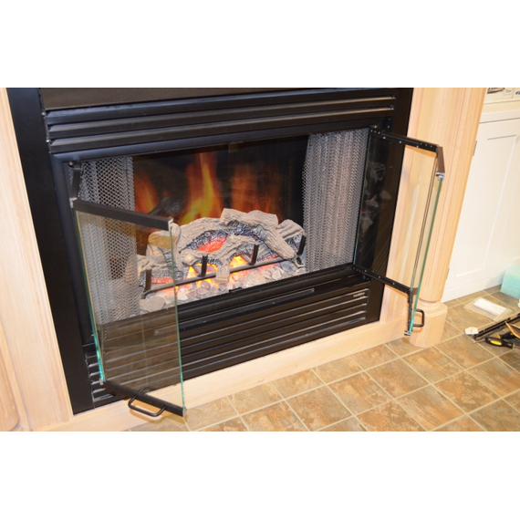 36" x 21" Matte Black Finish Nightwell Zero Clearance Fireplace Door Fits 36" W x 21" H Openings | Nightwell-B35 Nightwell ZC Fireplace Door With Fully Opened Trackless Bi-fold Doors