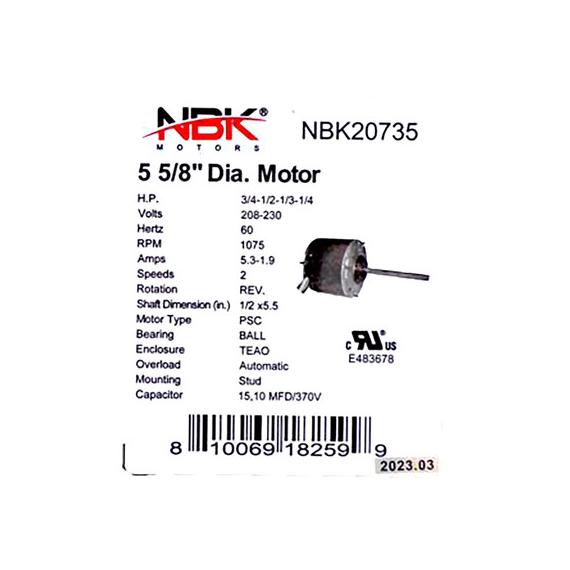 Century/K055WKY1117012B Condenser Motor 208-230V 1075 RPM 20735 Specifications